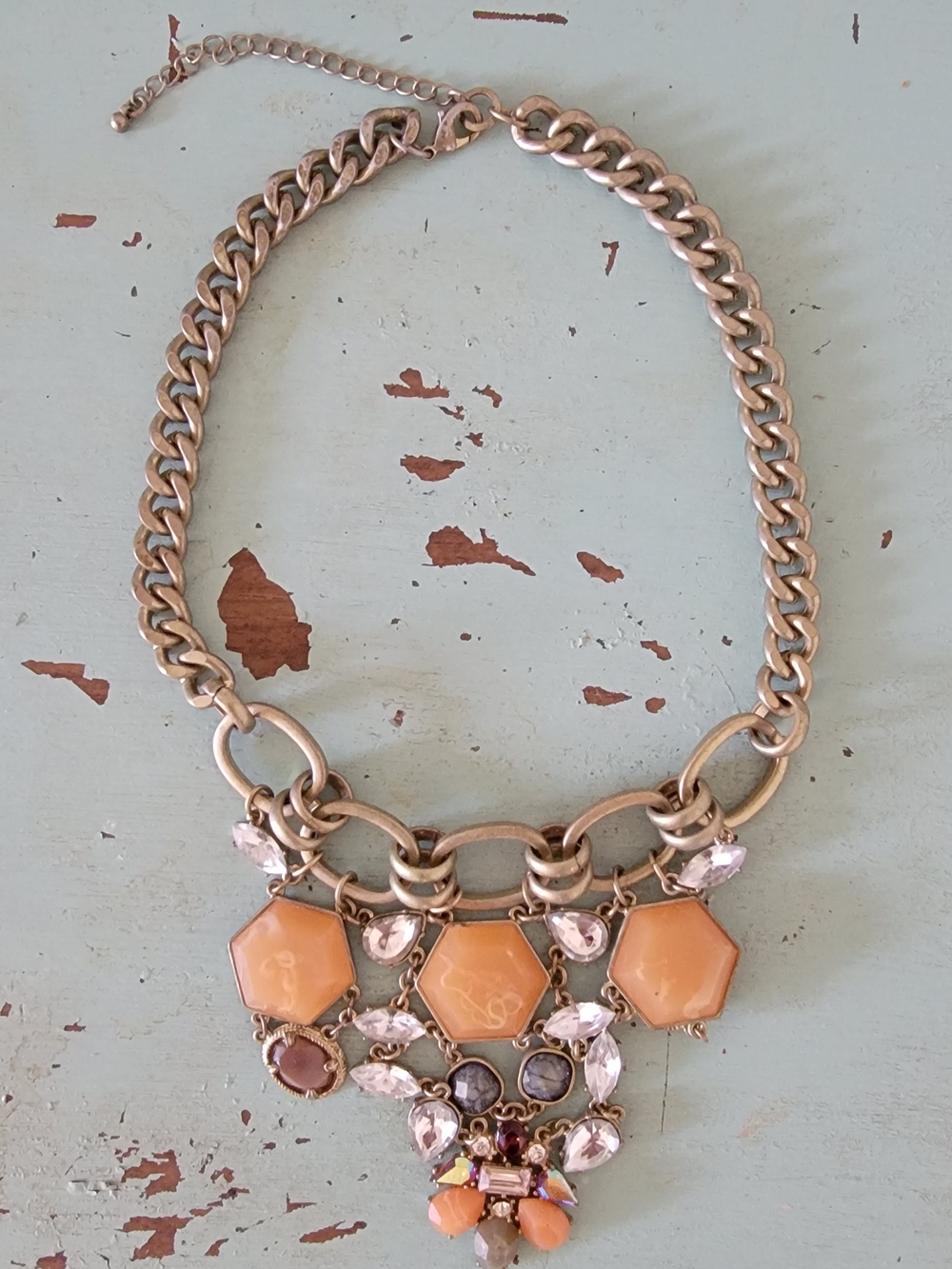 Statement Bib Necklace with Peach Gemstones and Clear Crystals